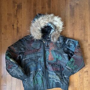 Vintage Y2K Vilanto Black Leather Embroidered Jacket City Theme Size 2XL